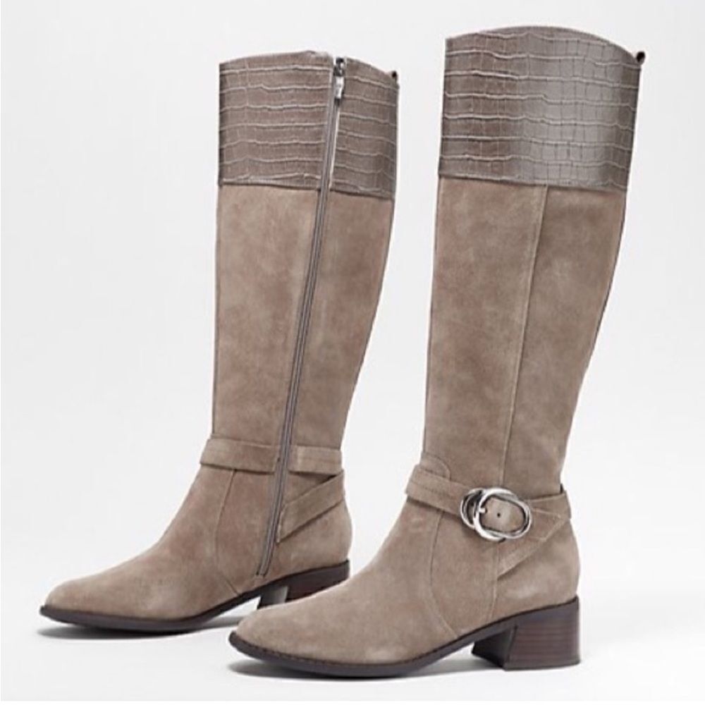 Marc Fisher Wide Calf Croc Embossed Knee High Side Zip Suede Boots Taupe 9, NWOB